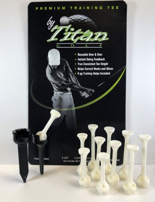 A display of golf tees and a poster