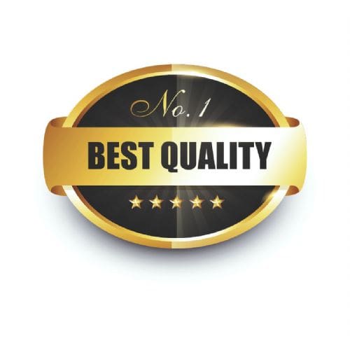 A black and gold best quality award with five stars.