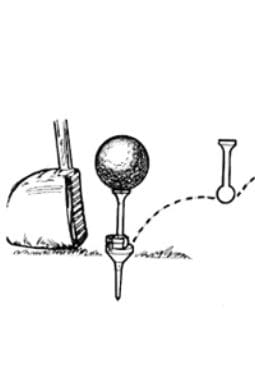 A drawing of golf ball and tee on the ground.