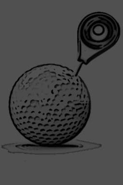 A black and white drawing of a golf ball being cut