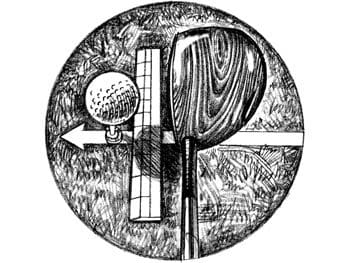 A black and white drawing of a golf ball on the tee.